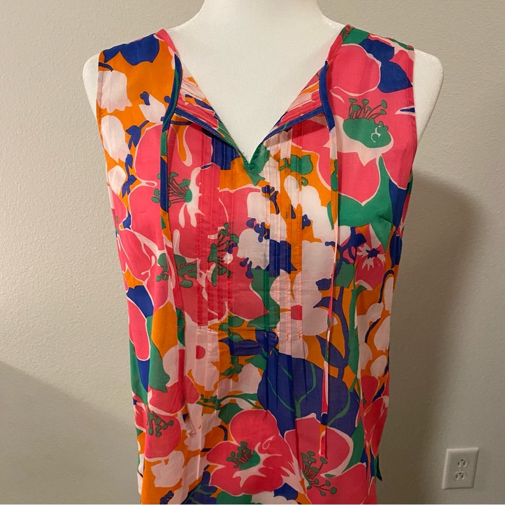 Talbots Floral Sleeveless Split Neck Cotton Blouse